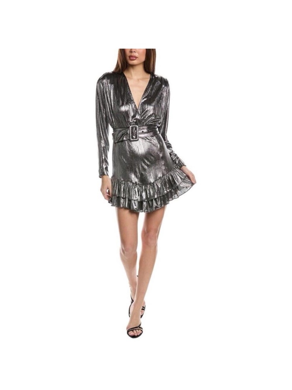 RETROFETE Metallic Silver Long-Sleeve Wrap Ruffle Mini Dress